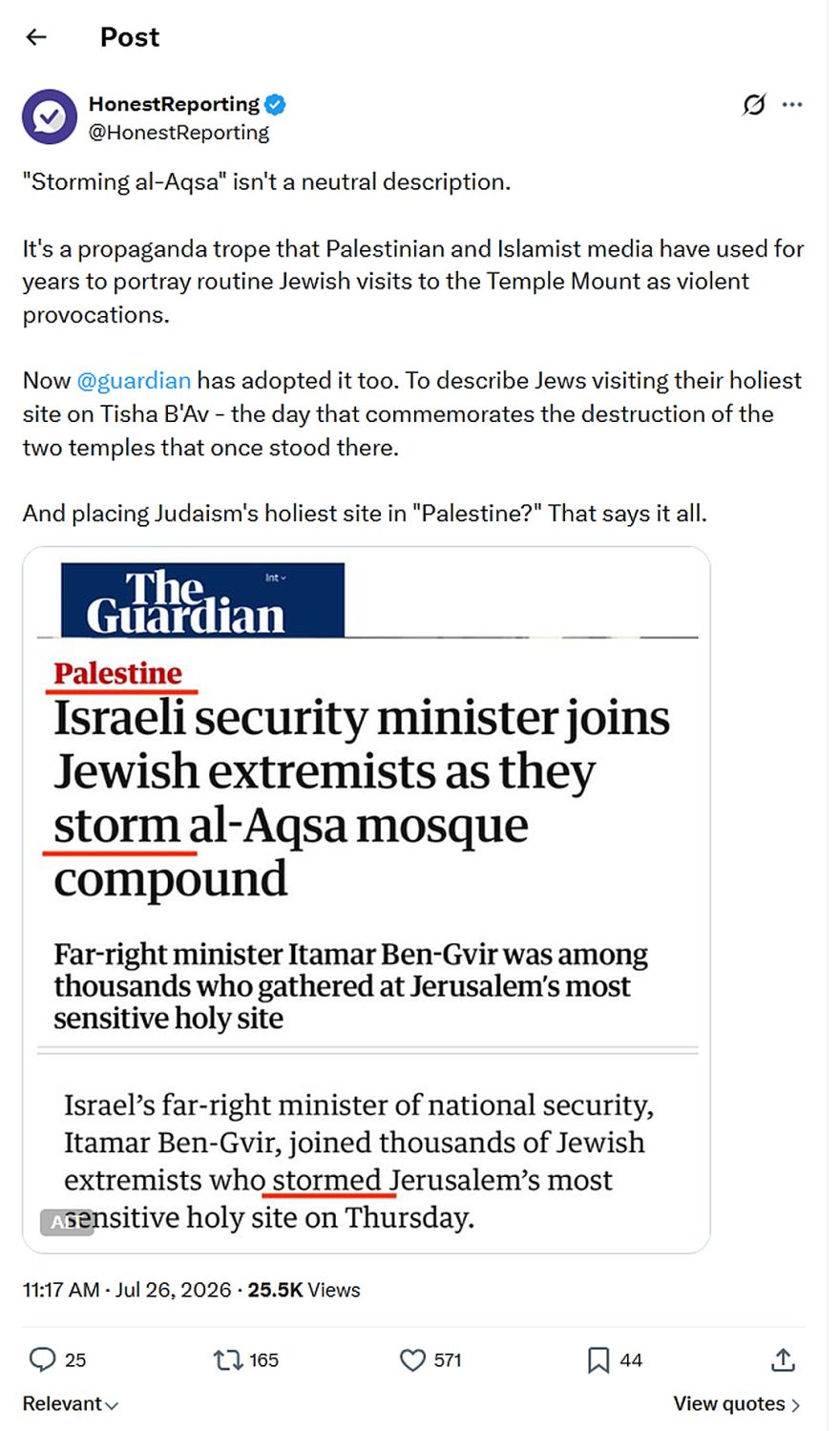 HonestReporting-tweet-26July2026-Guardian-Storming al-Aqsa