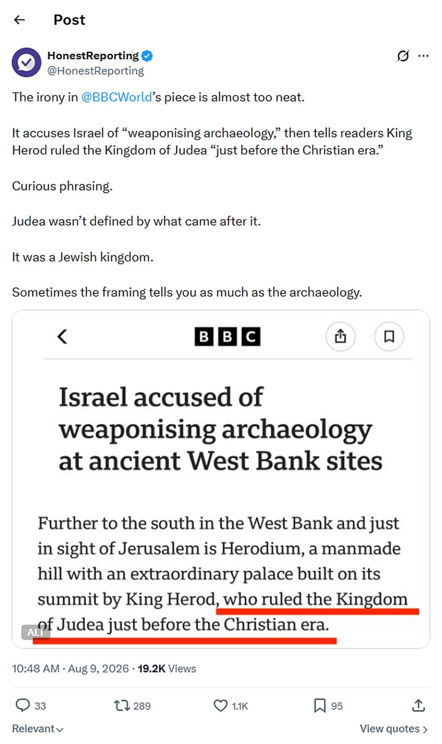 HonestReporting-tweet-9August2026-BBC-weaponising archaeology
