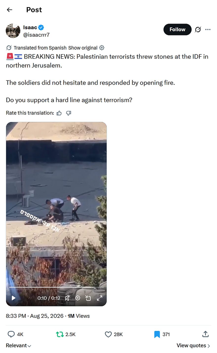 Isaac-tweet-25August2026-stone throwing at IDF-IDF return fire