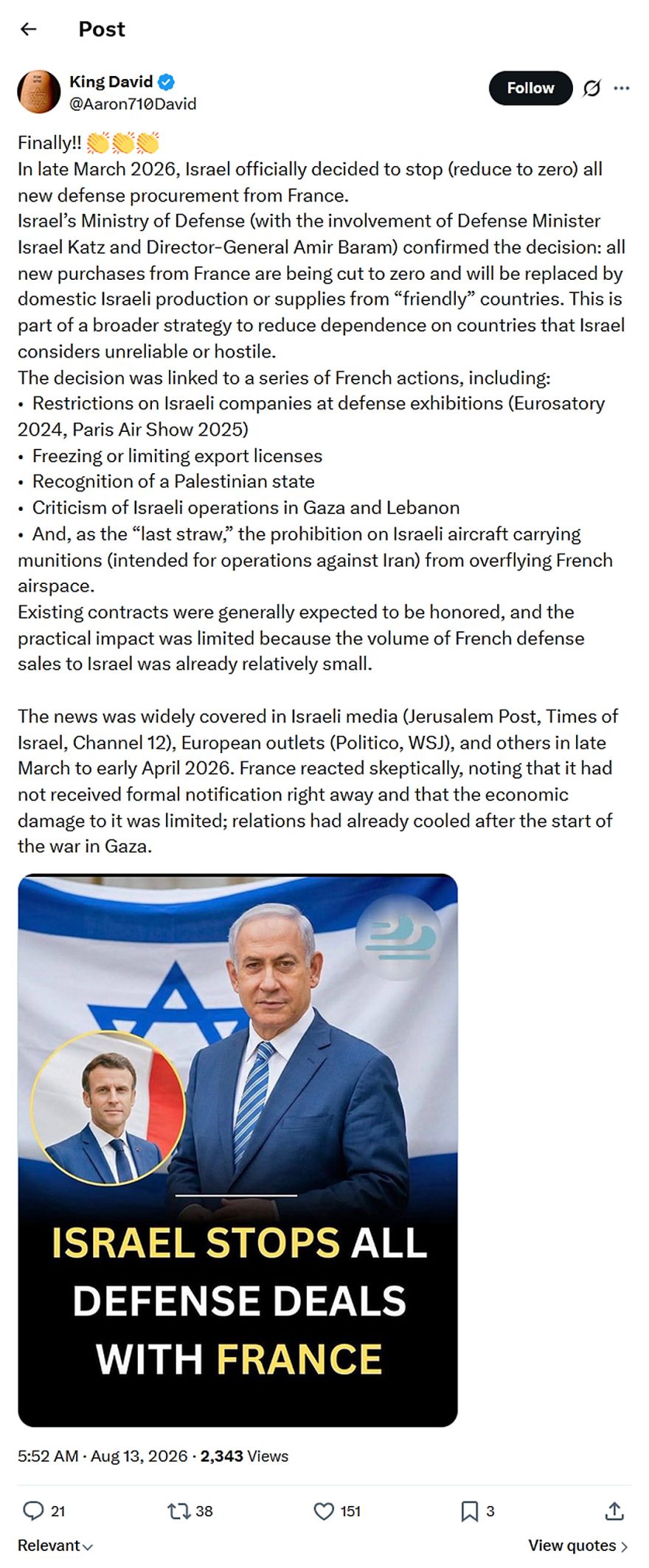 King David-tweet-13August2026-No new defense procurement from France