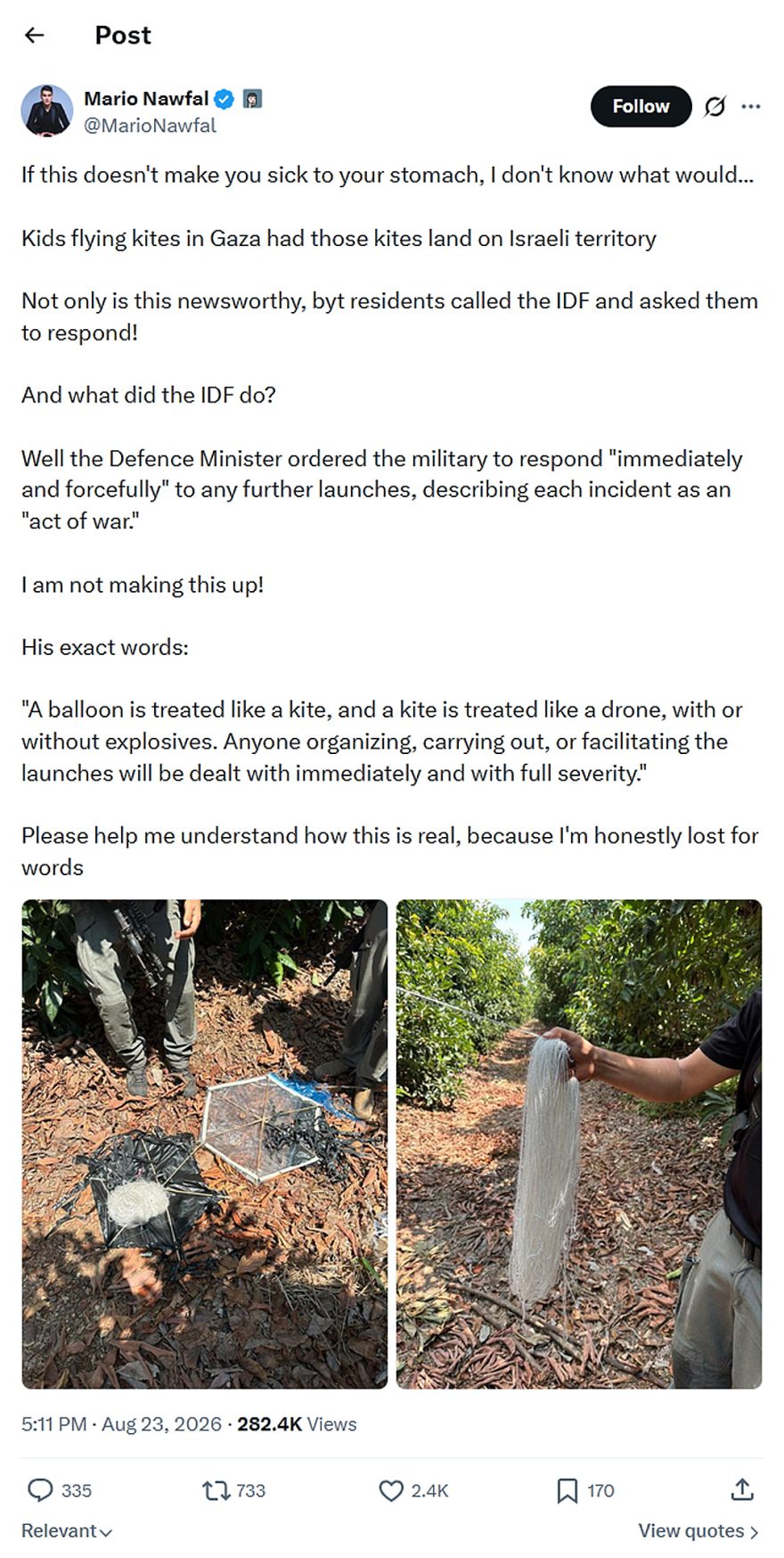 Mario Nawfal-tweet-23August2026-Hamas incendiary balloons and kites from Gaza harmless