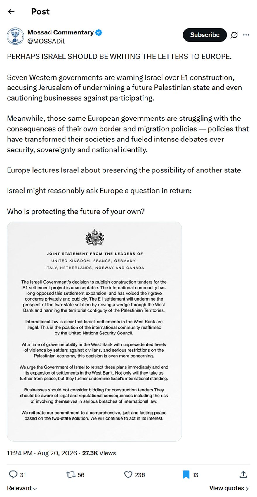 Mossad Commentary-tweet-20August2026-israel should be writing the letters