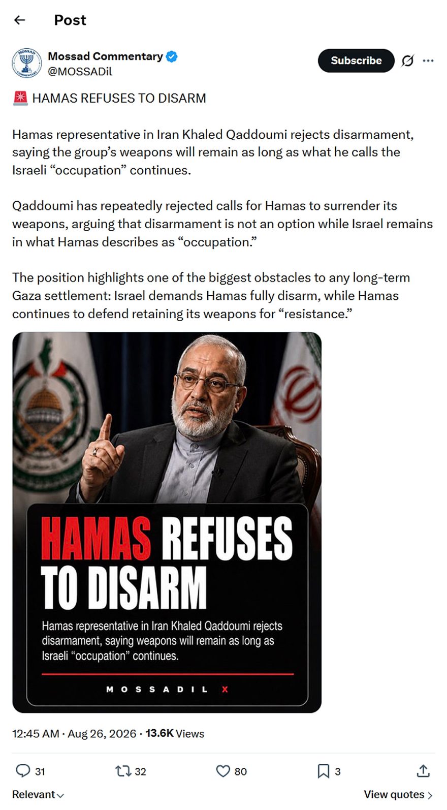 Mossad Commentary-tweet-25August2026-HAMAS REFUSES TO DISARM