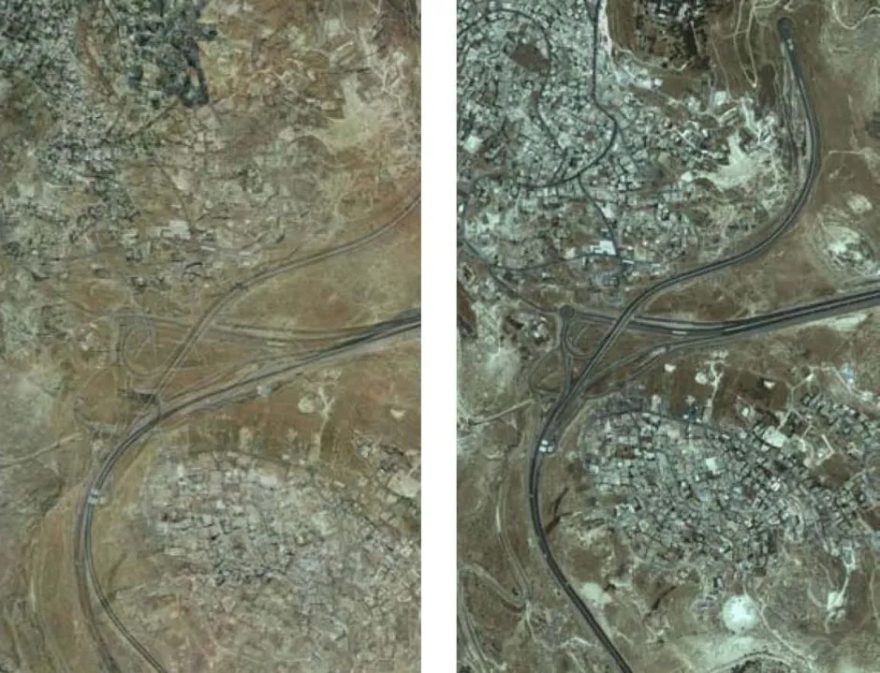 The West Bank town of A-Zaim (at bottom) and the Jerusalem neighborhood of A-Tur (at top) taken in 1989 (left) and in 2012 (right). The photos illustrate how the expansion of Palestinian construction over the years has constricted the area around the Jerusalem-Maale Adumim highway, effectively constricting the corridor connecting these two Israeli cities. This is precisely the challenge Israel faces all along this route including in the area of E-1.