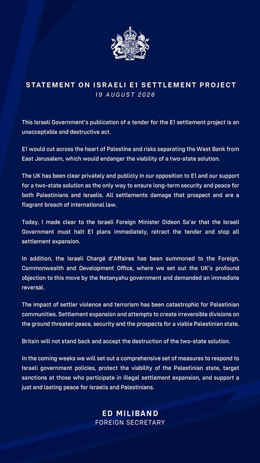Statement-on Israeli-Jerusalem-E1 Project-Ed Miliband UK Foreign Secretary