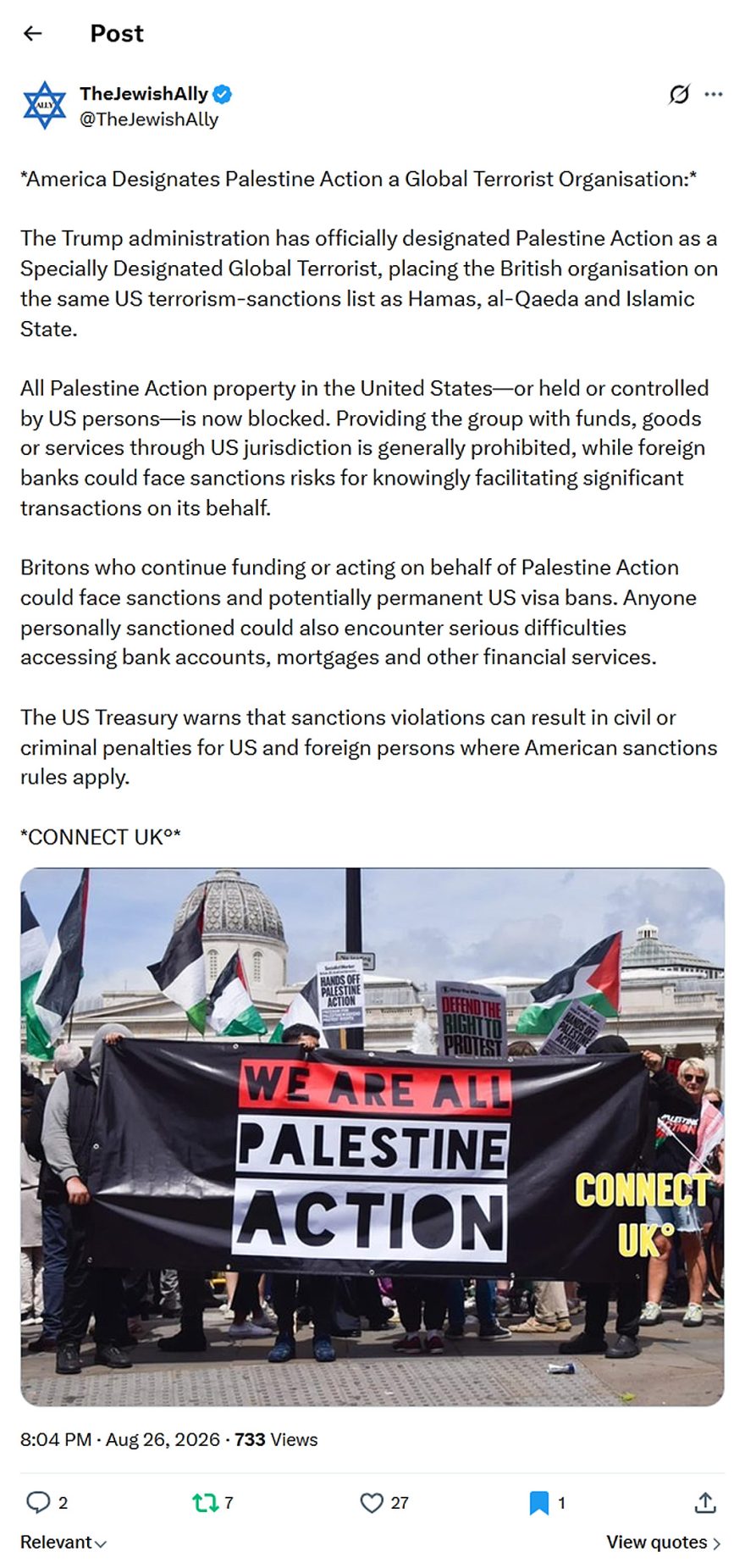 TheJewishAlly-tweet-26August2026-US Designates Palestine Action a Global Terrorist Organisation