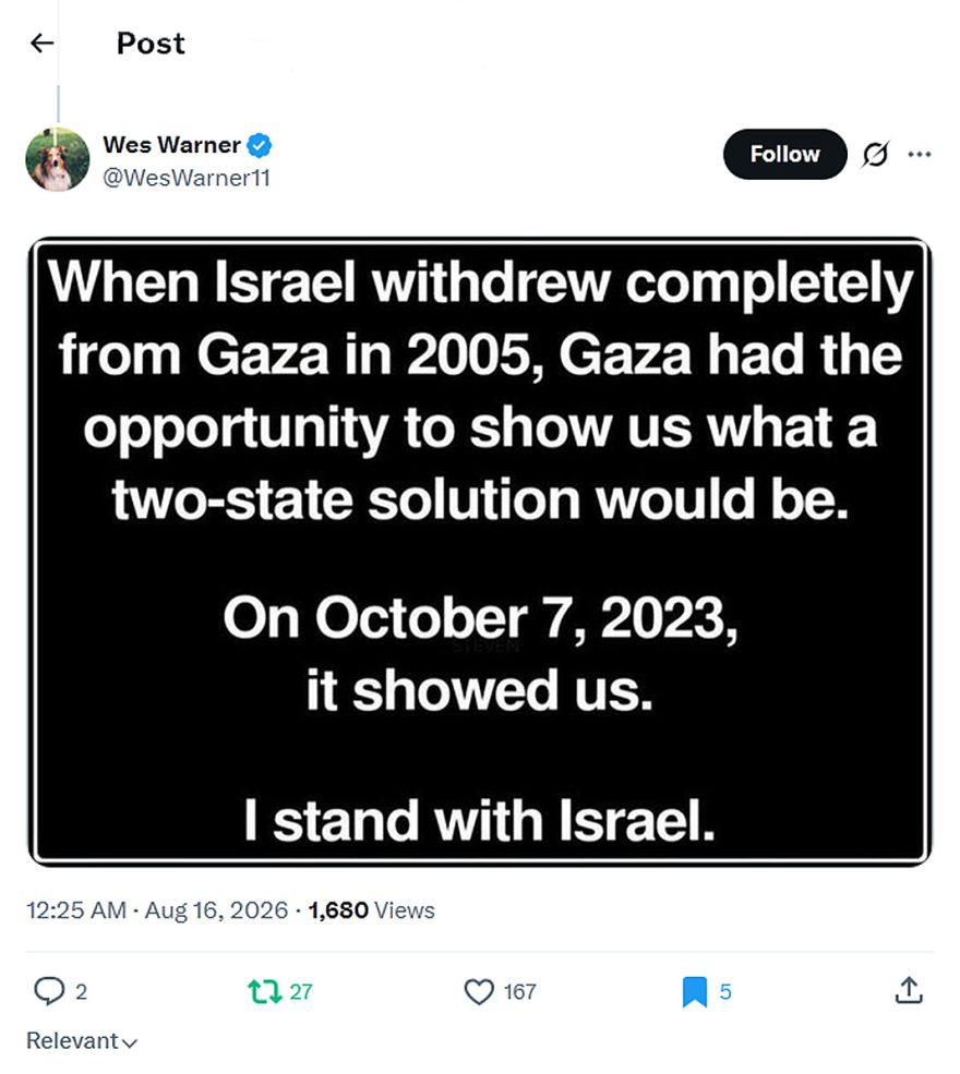 Wes Warner-tweet-15August2026-Gaza Disengagement 2005-then Hamas 7-10