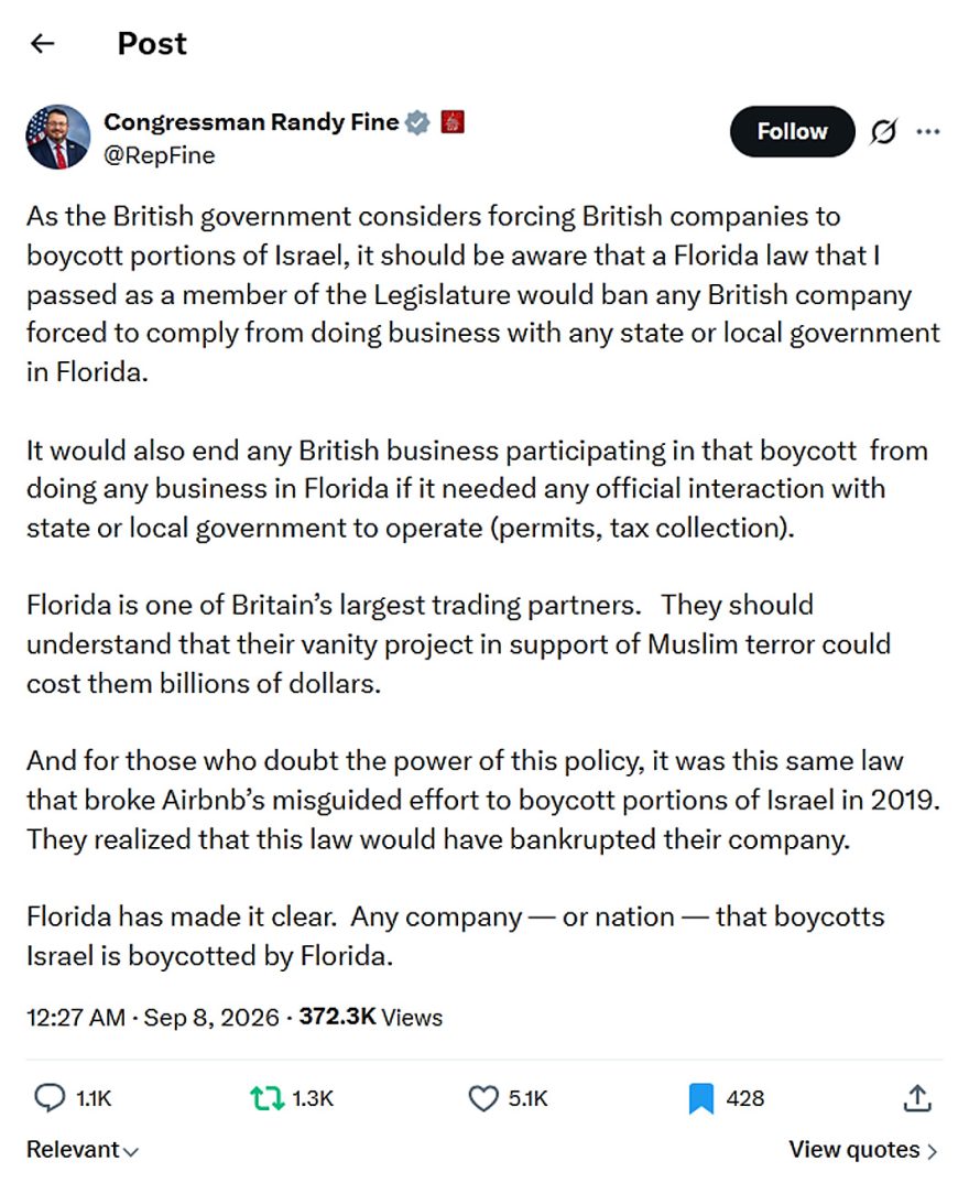 Congressman Randy Fine-tweet-7September2026-Anyone boycotts Israel is boycotted by Florida