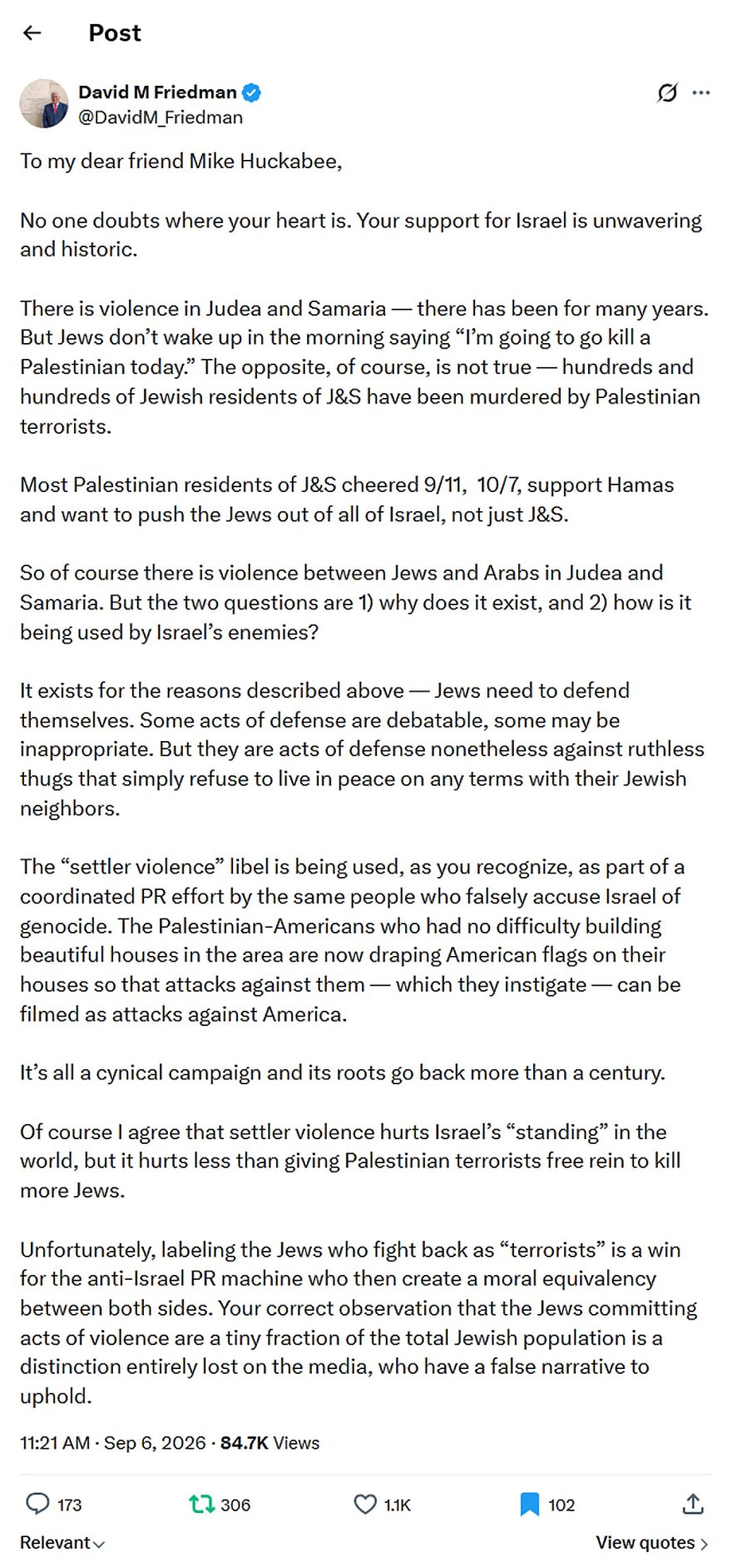 David M Friedman-tweet-6September2026-Settler Violence-Palestinian libel