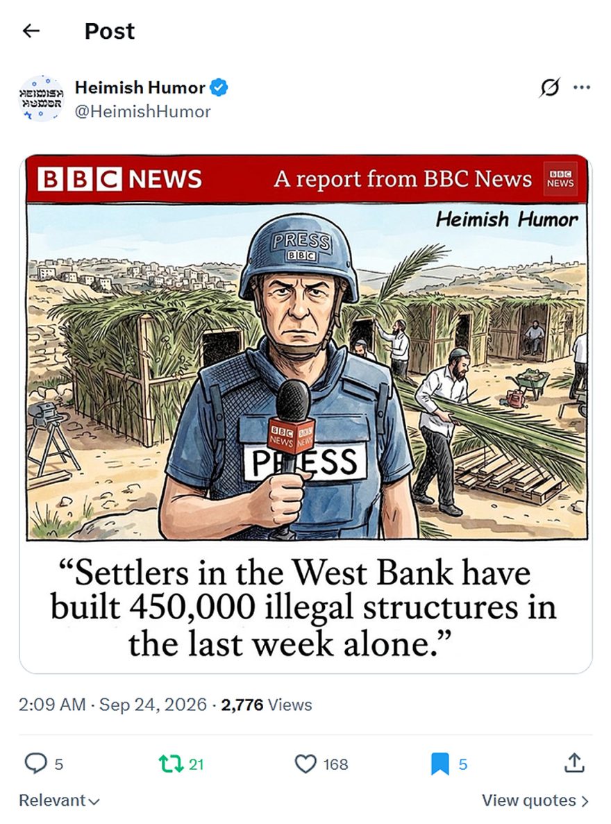 Heimish Humor-tweet-23September2026-BBC reports about Sukkot