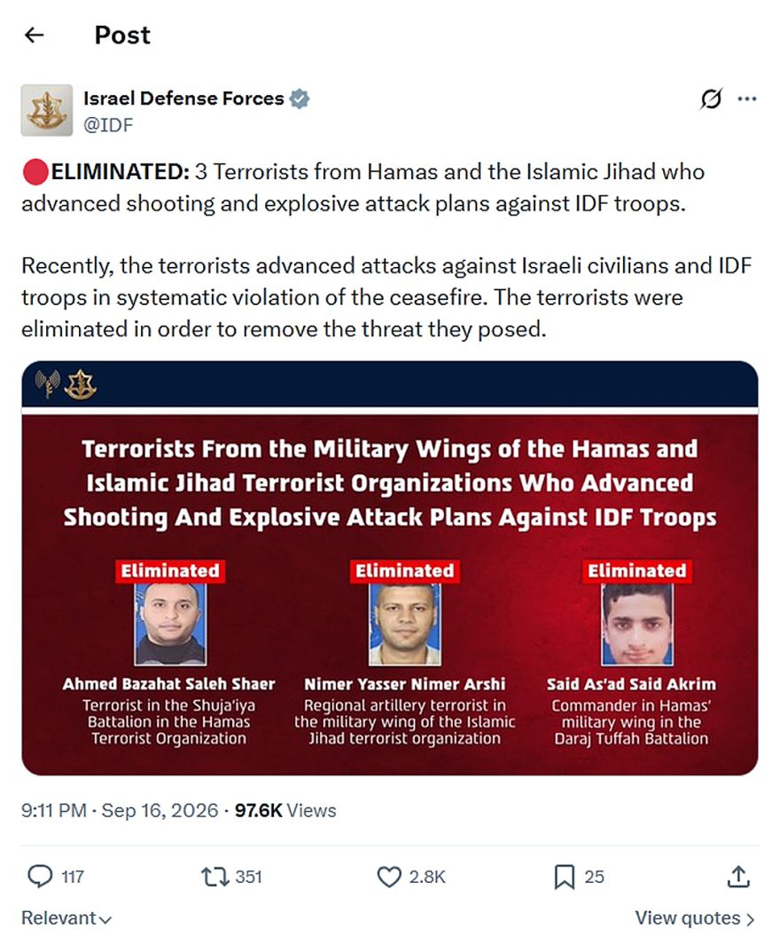 Israel Defense Forces-tweet-16September2026-ELIMINATED 3 Terrorists