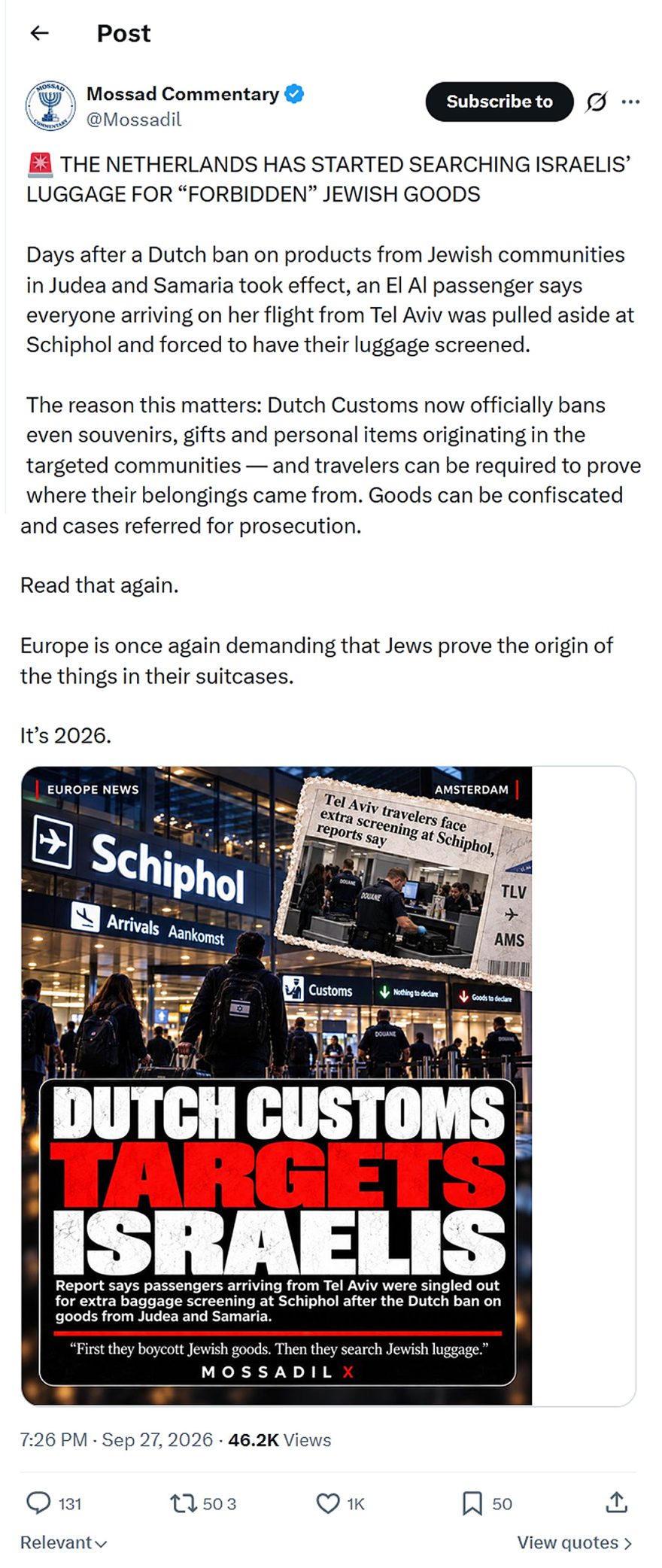 Mossad Commentary-tweet-27September2026-Dutch Customs Targets Israelis