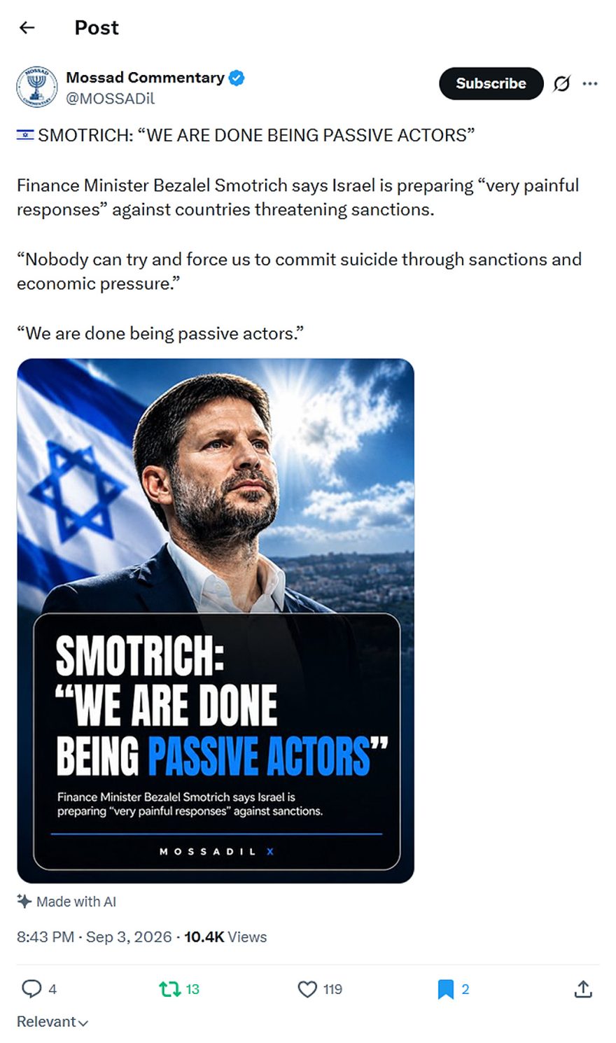 Mossad Commentary-tweet-3September2026-Smotrich-We are done being passive actors