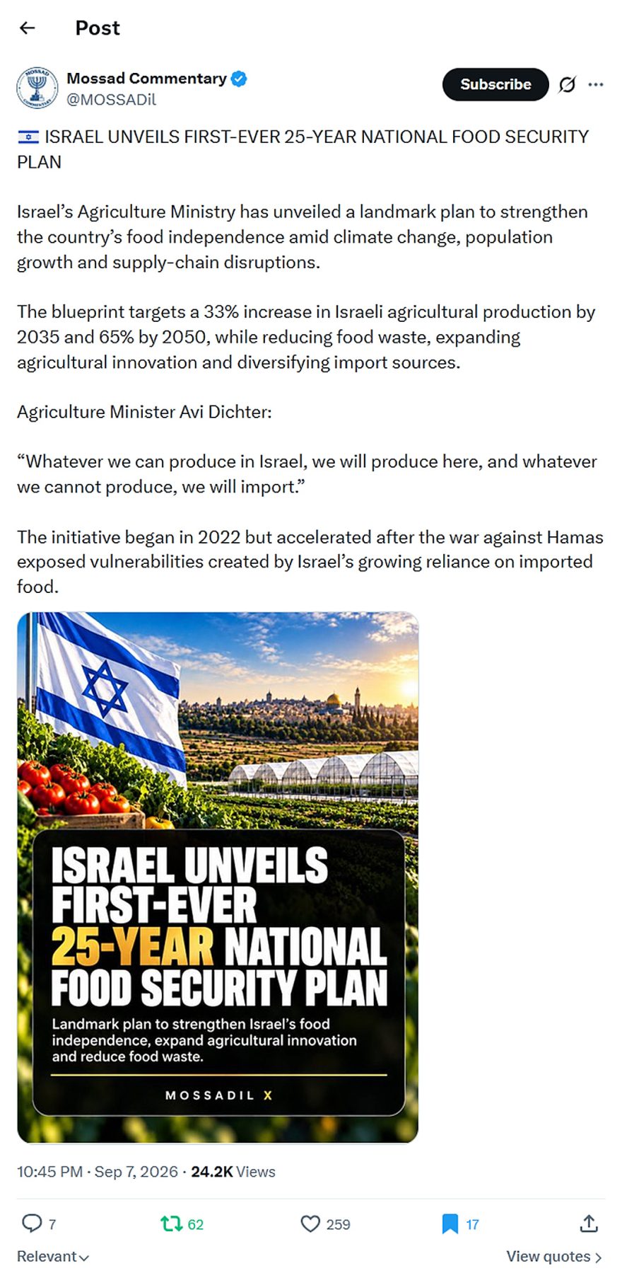 Mossad Commentary-tweet-7September2026-Israel unveils first-ever 25-year national food security plan
