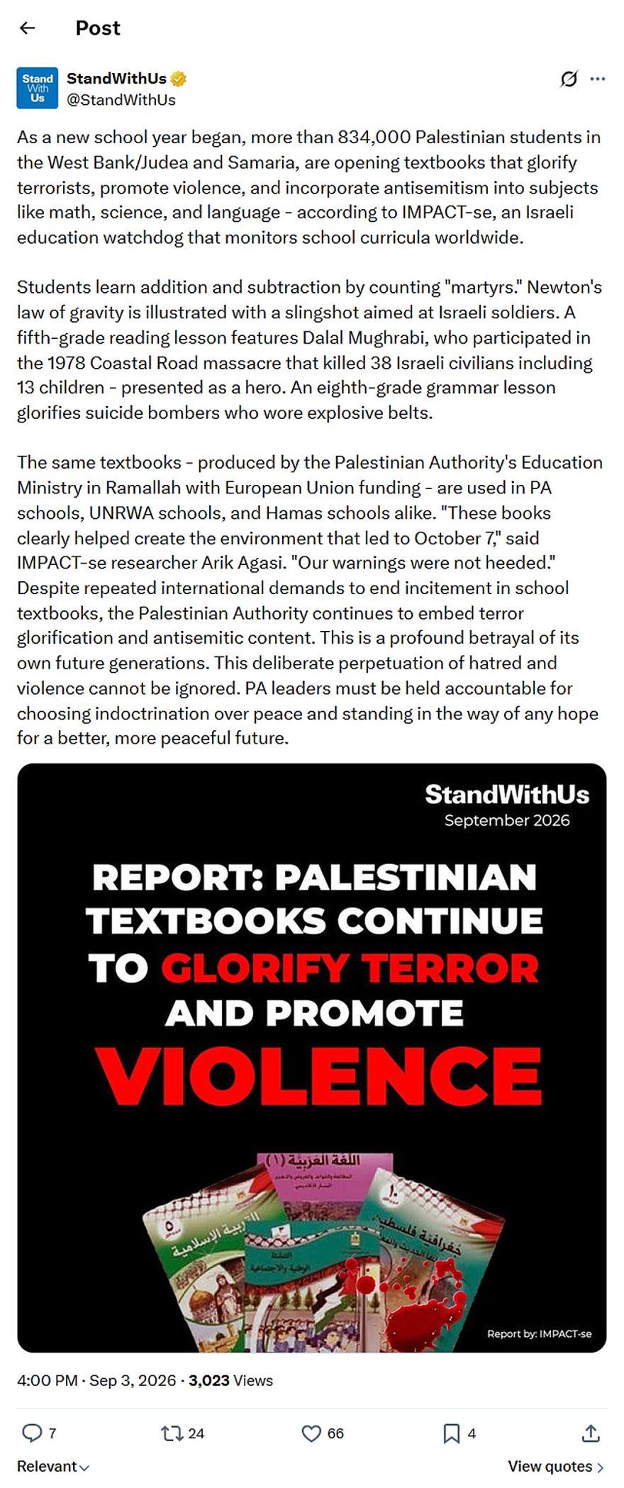 StandWithUs-tweet-3September2026-PA-textbooks-glorify terror-promote violence