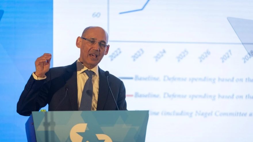 Bank of Israel Governor Amir Yaron addresses the Conference of Presidents of Major American Jewish Organizations in Jerusalem, Feb. 16, 2026. Photo by Yonatan Sindel/Flash90.