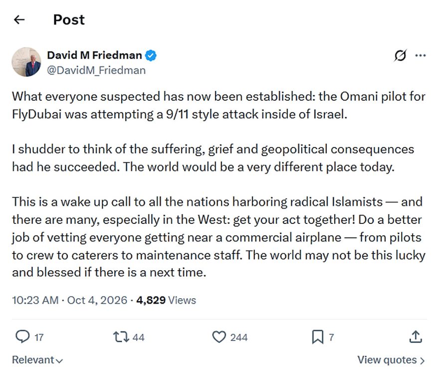 David M Friedman-tweet-4October2026-9/11 attack inside of Israel