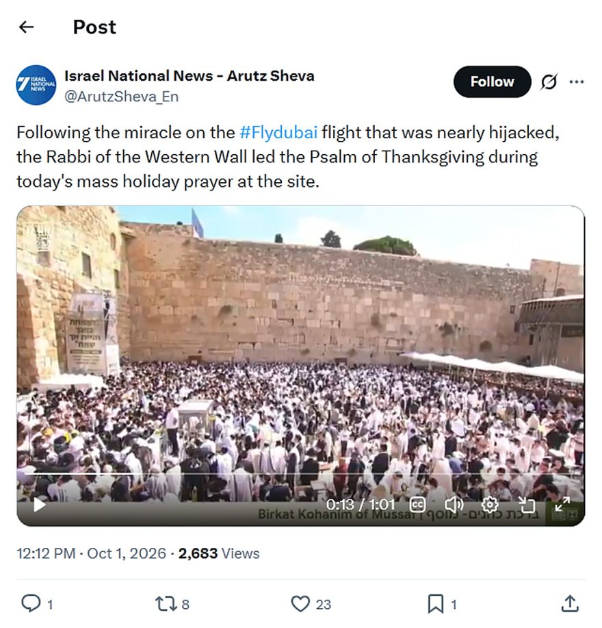 Israel National News-Arutz Sheva-tweet-1October2026-Psalm of Thanksgiving-Kotel-flydubai miracles