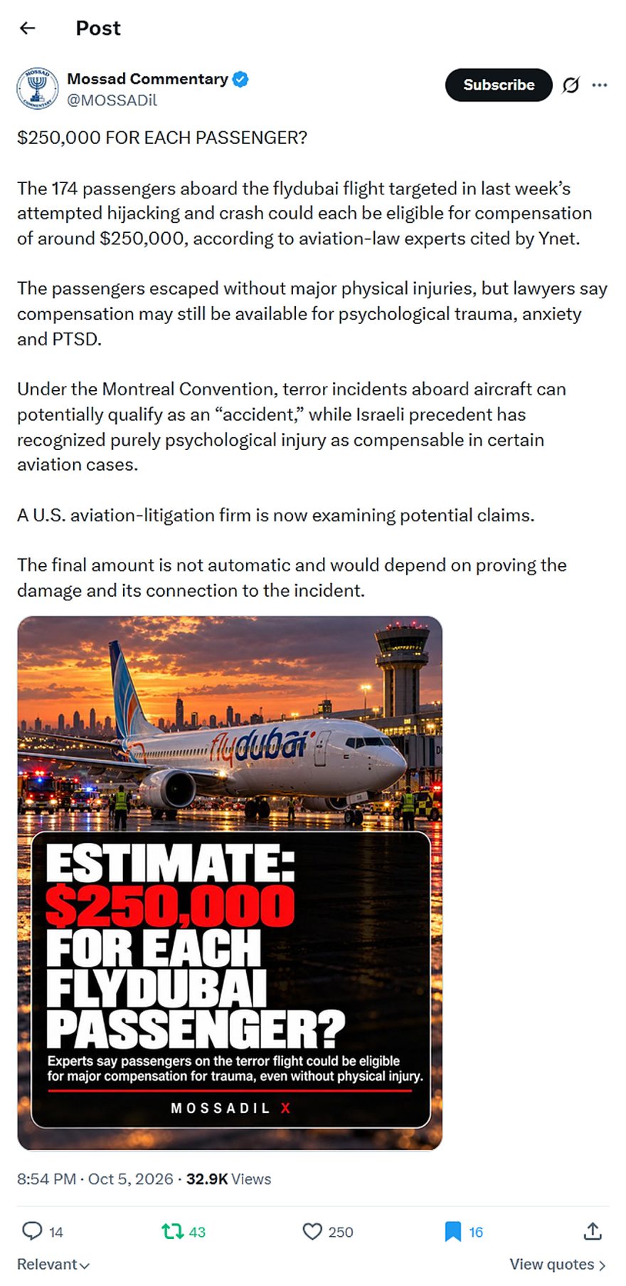 Mossad Commentary-tweet-5October2026-$250,000 for each flydubai passenger 