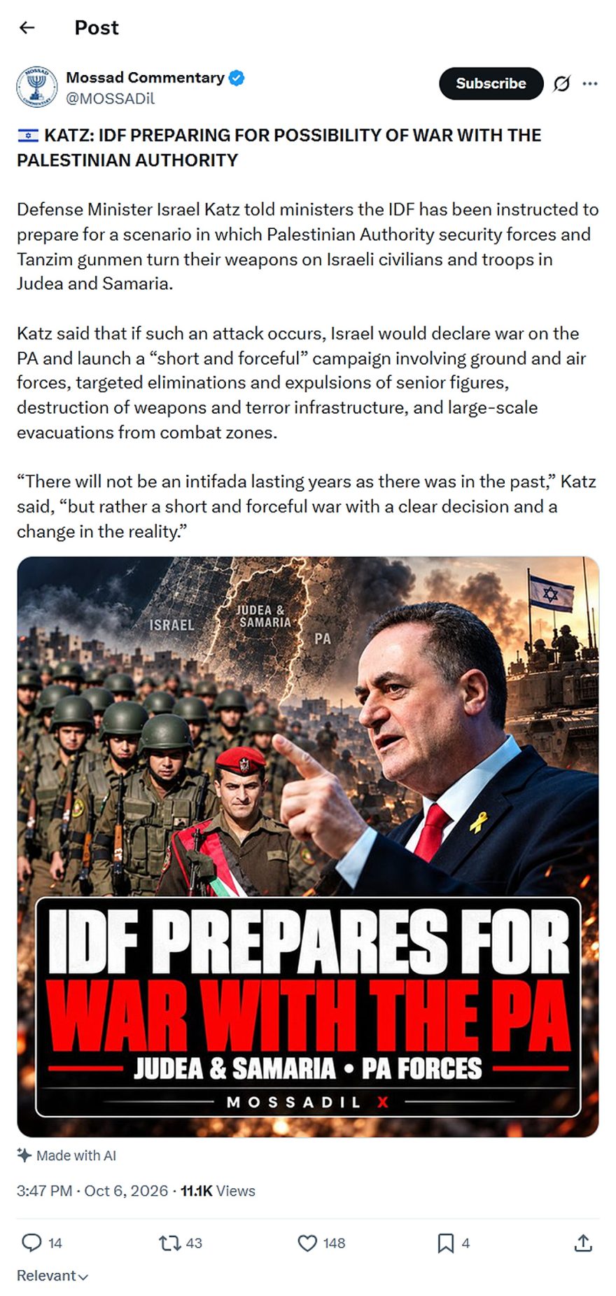 Mossad Commentary-tweet-6October2026-IDF Prepares for War with the PA