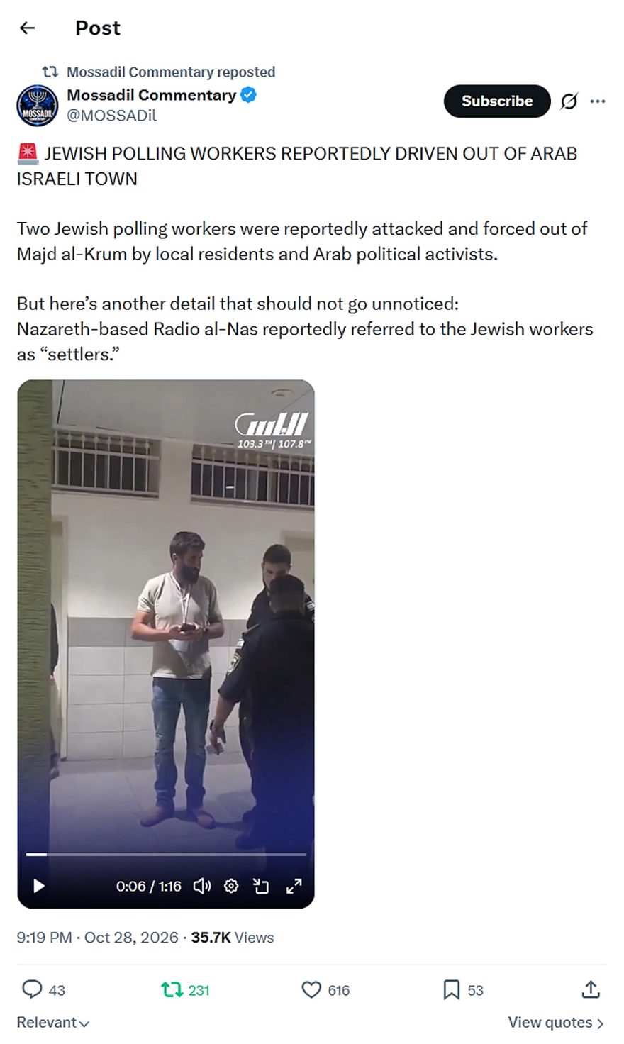 Mossadil Commentary-tweet-28October2026-jewish polling workers driven out of arab israeli town