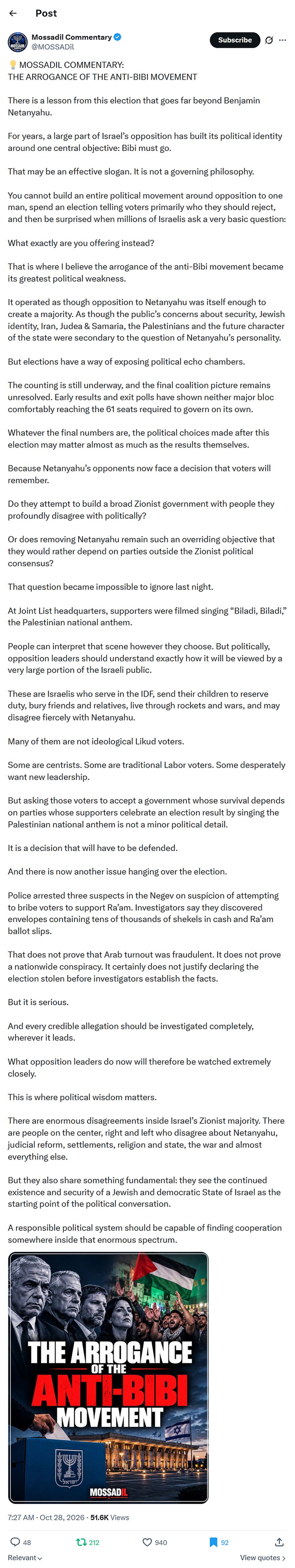 Mossadil Commentary-tweet-28October2026-the arrogance of the anti-bibi movement