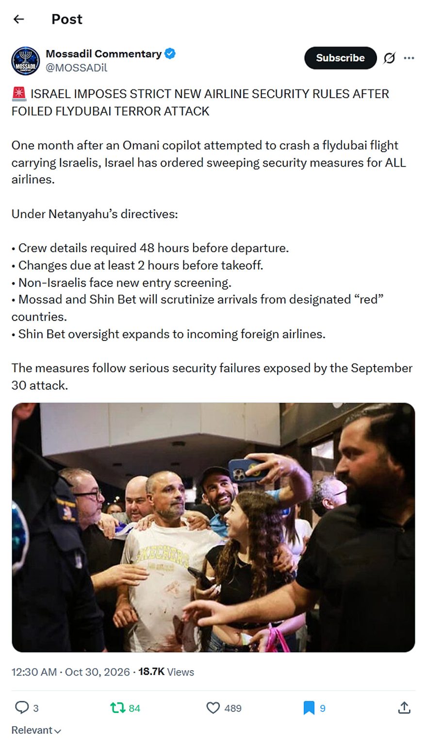 Mossadil Commentary-tweet-29October2026-Israel imposes strict new airline security rules