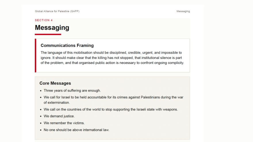 In a "concept paper" for the Global Alliance for Palestine, organizers share guidelines for "Communications Framing," including "Core Messages" that intentionally describe Israel negatively. (Global Alliance for Palestine)