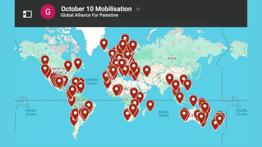 Organizers from Global Action for Palestine shared a map for Global Day of Action events for 2026. (Global Alliance for Palestine)
