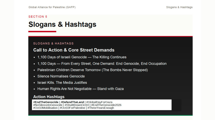 In a "concept paper" for the Global Alliance for Palestine, organizers share guidelines for "Slogans & Hashtags" that carry explicit negative messages about Israel. (Global Alliance for Palestine)