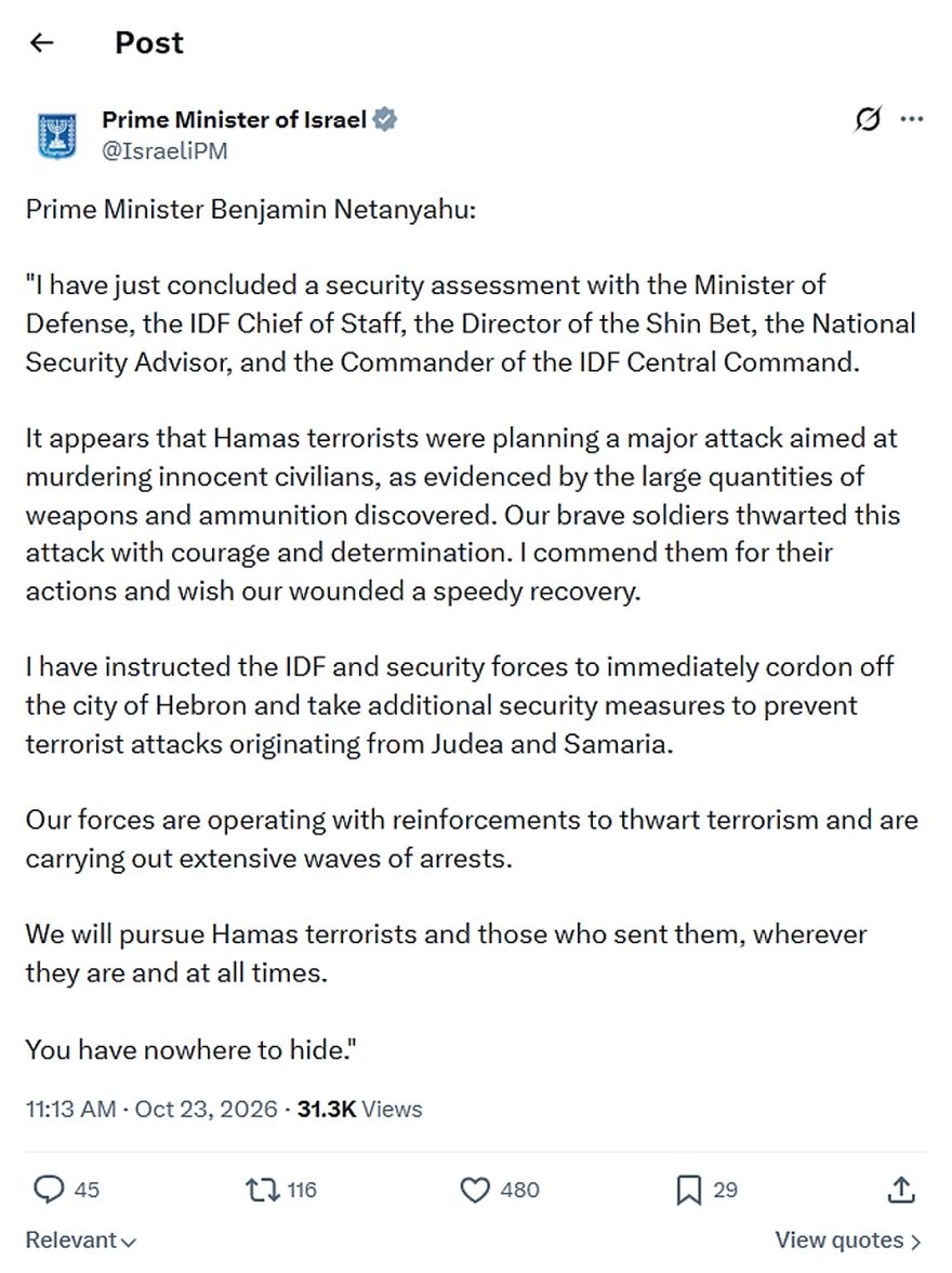 Prime Minister of Israel-tweet-23October2026-Hamas Hebron attack