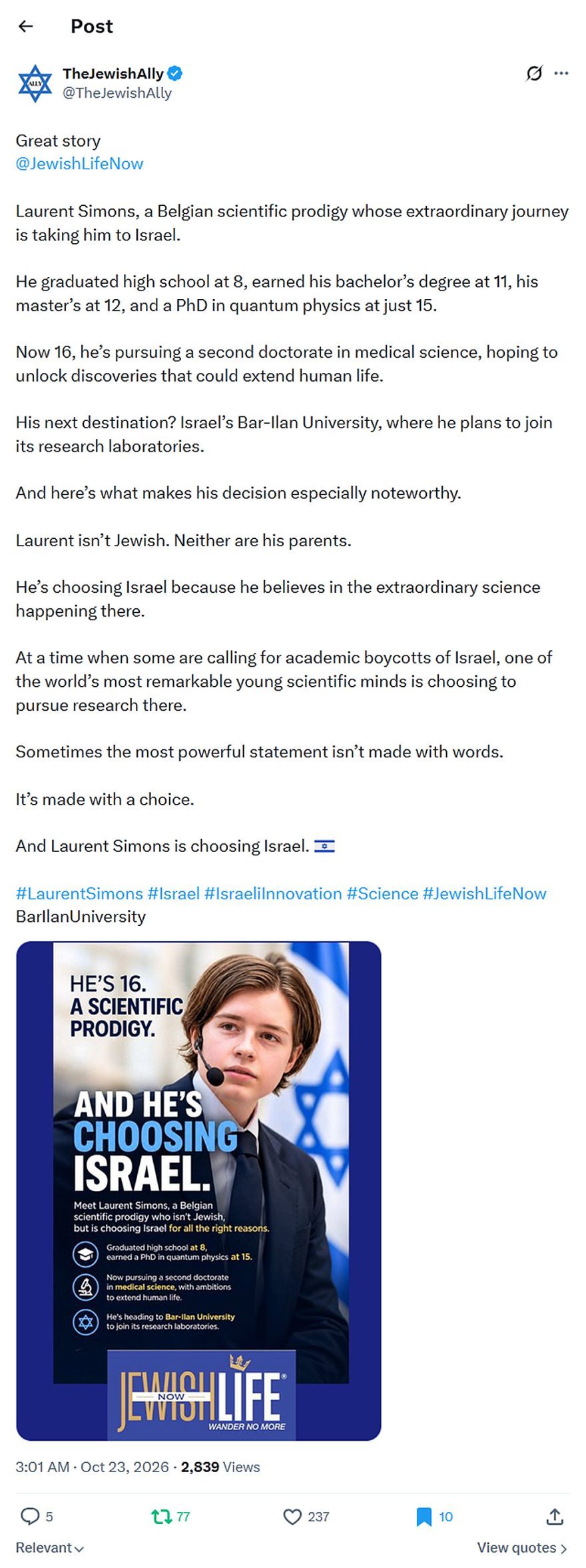 TheJewishAlly-tweet-23October2026-Laurent Simons is choosing Israel