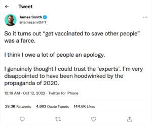 James Smith-tweet-11October2022-I genuinely thought I could trust the ‘experts’