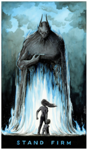 Stand Firm Woman protecting Child against Monster with Vaccine